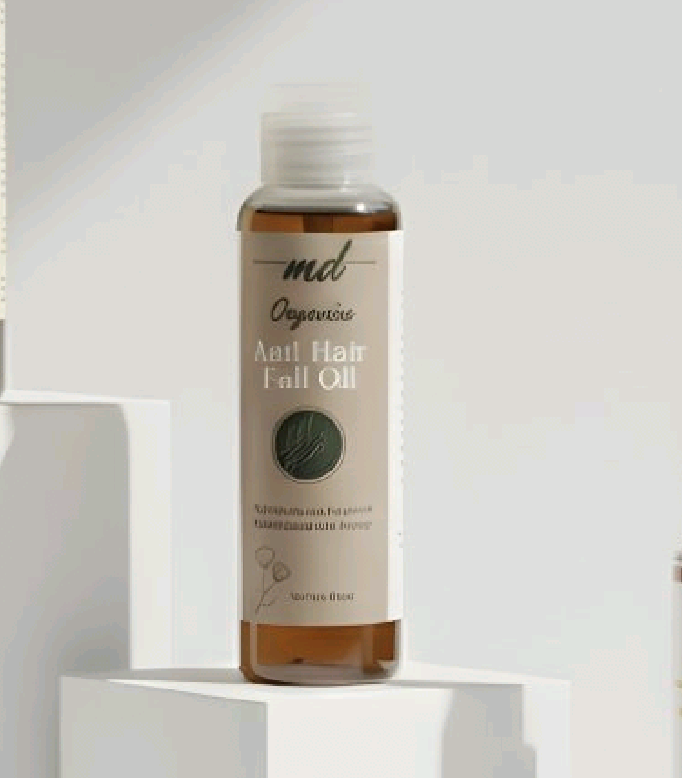 Bottle of Anti Hair Fall Oil with 'md' branding on a light background
